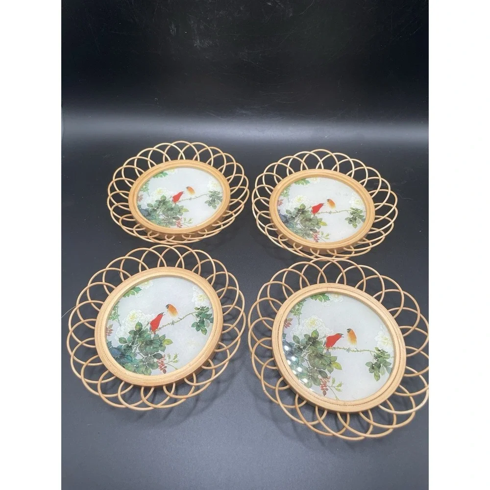 Vintage 80s BOHO Bamboo Wicker Rattan Coasters Set Of  Four  Birds